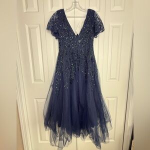 Mac Duggal Dress Beaded Flutter Sleeve Gown Formal Fairy Sapphire Gem Blue Sz 8